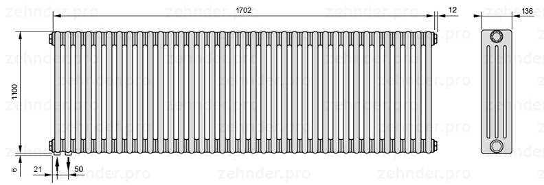 Схема (чертеж) Радиатор Zehnder Charleston 4110/37 №3370 Белый глянцевый RAL 9016
